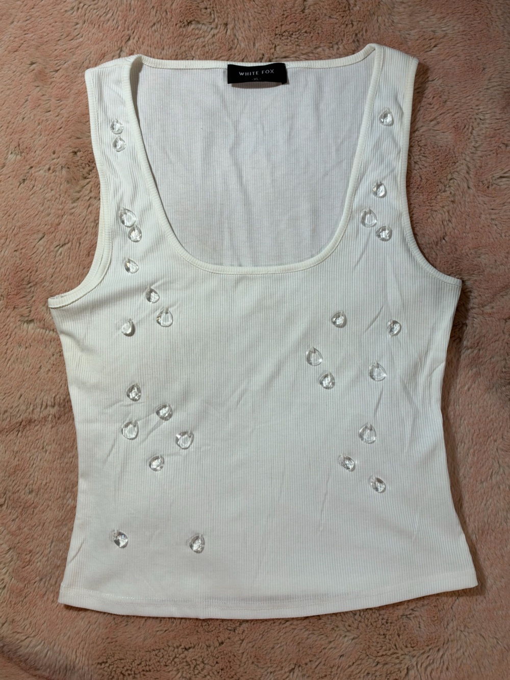 White Fox Boutique White Ribbed Tank with Clear Jewel Accents